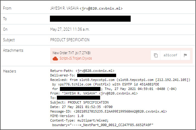 Correo electrónico de phishing con archivo adjunto JS
