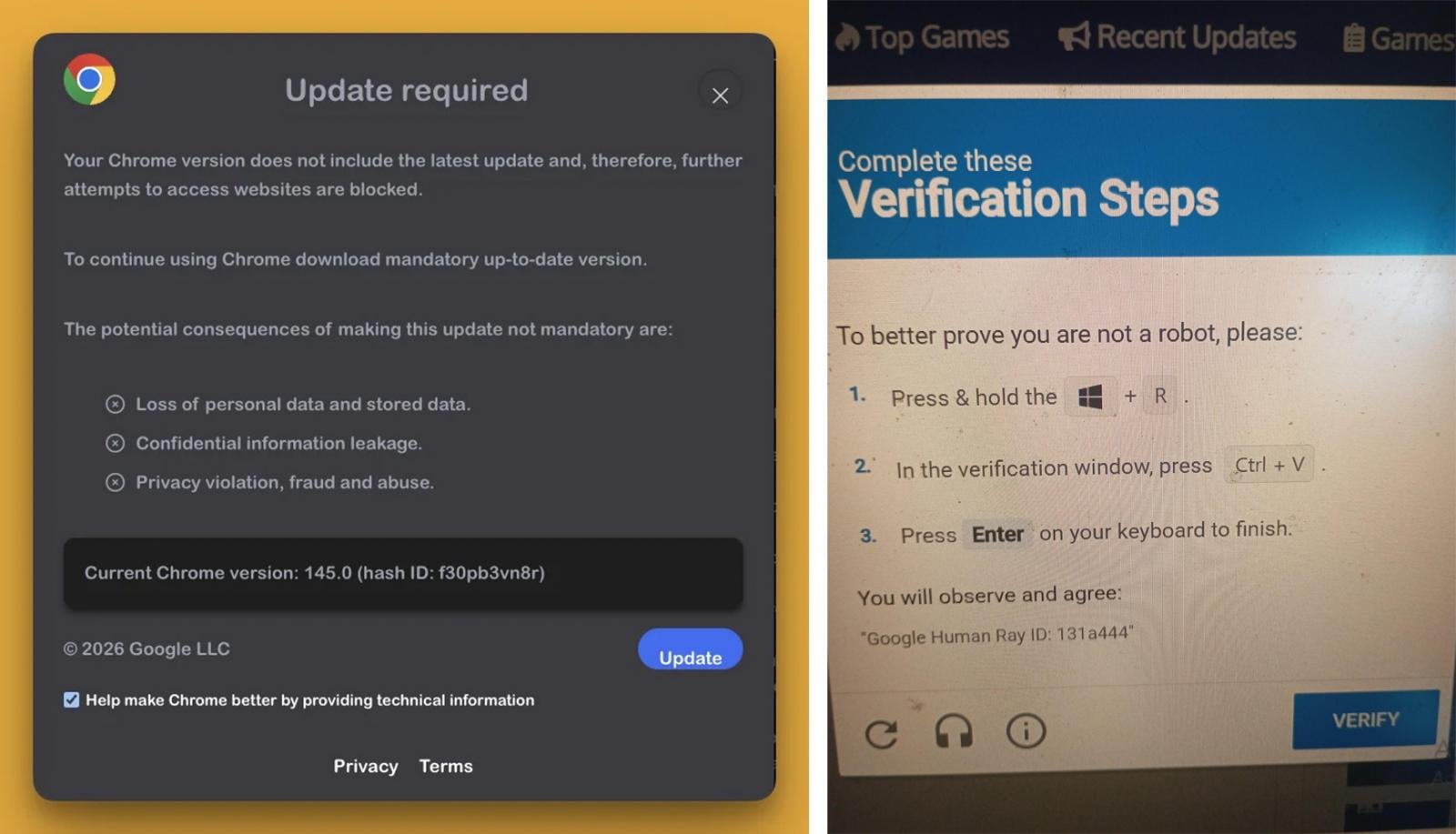 Fake Google Update alert leading to a ClickFix attack