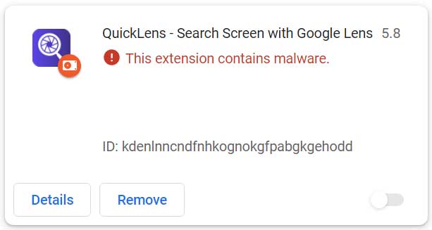 QuickLens disabled and flagged as malware by Chrome