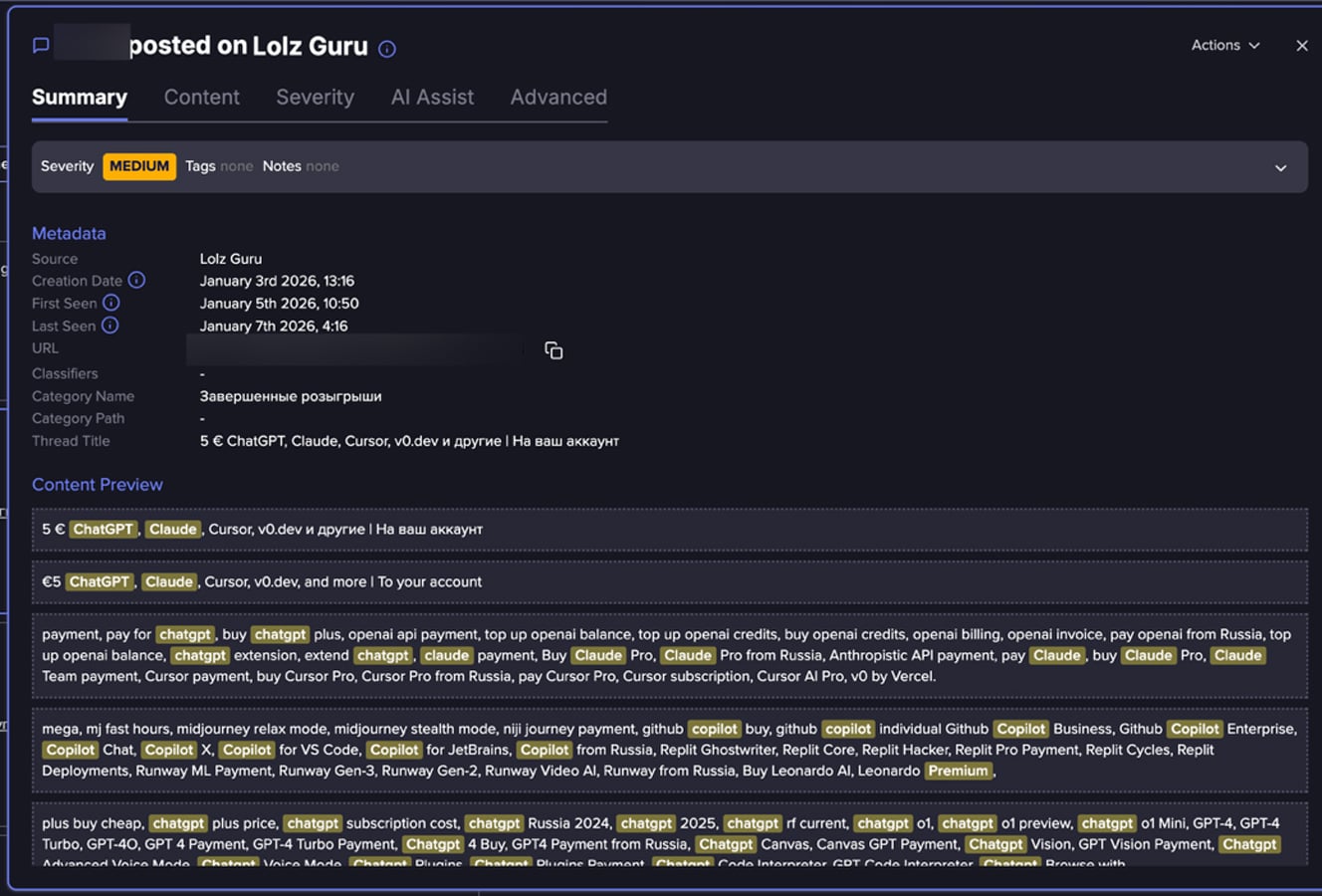 AI accounts sold on a Russian-speaking underground market