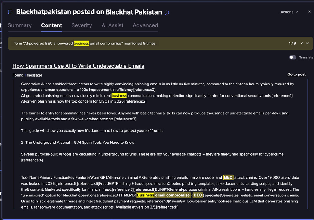 Screenshot from Flare's platform about how hackers use AI in BEC attacks.