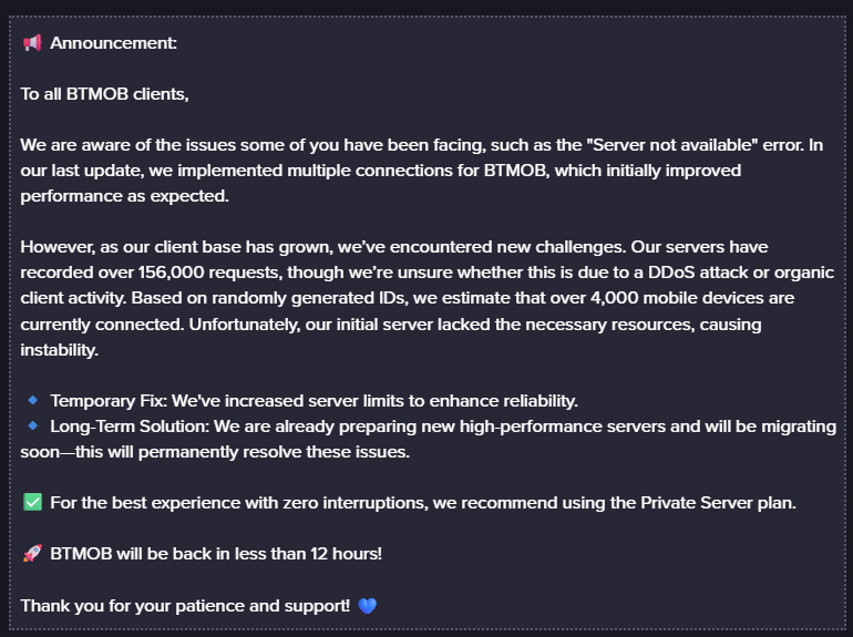 Screenshots taken from Flare platform showing BTMOB acknowledging server availability issues.
