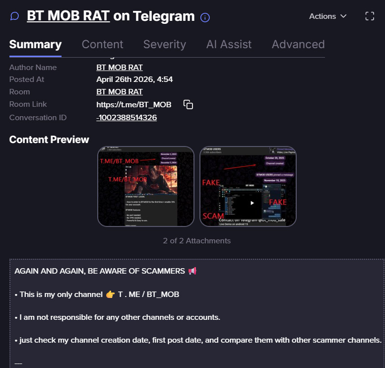 BTMOBのチャンネルが偽装業者や詐欺アカウントについて警告していることを示す、Flareプラットフォームから取得したスクリーンショット。