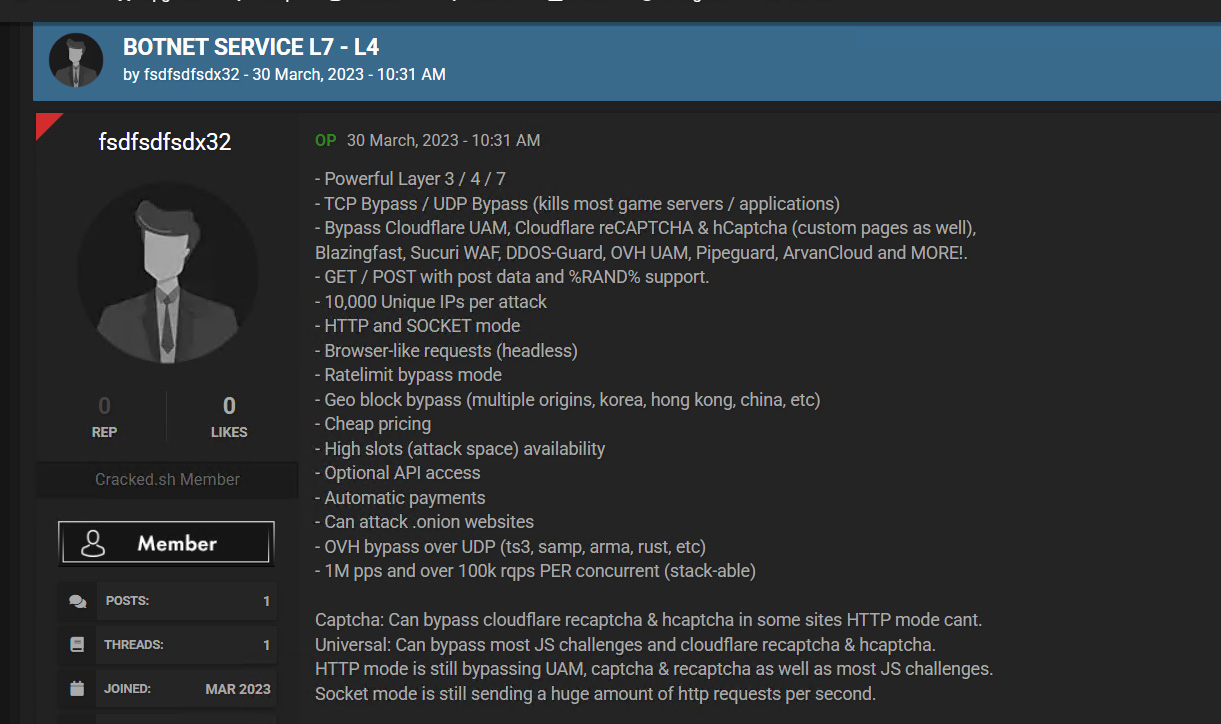 A post from 2023 offering Botnet services
