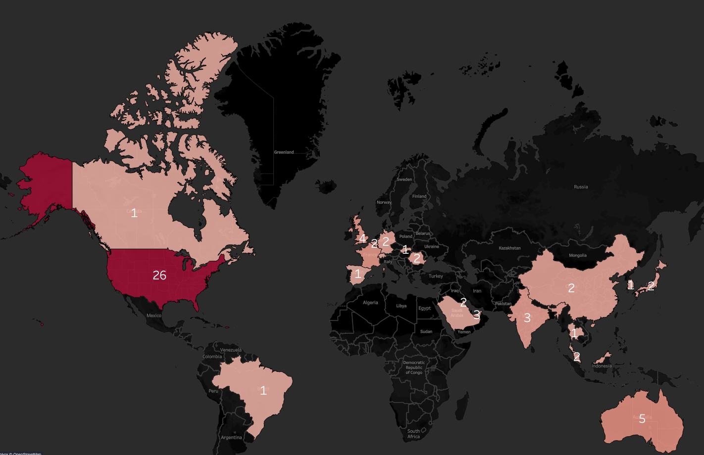 Number of IAB posts selling access to each country, during the few weeks we conducted our research