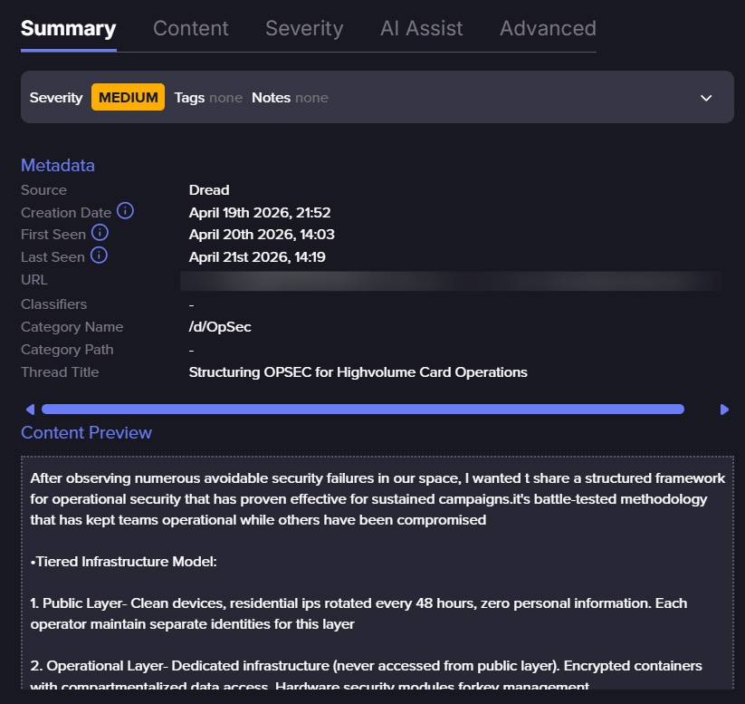 Flare screenshot of OPSEC advice from threat actor