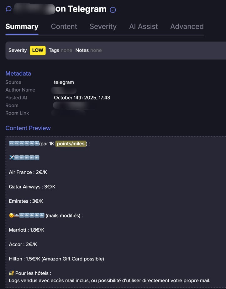 Miles prices are seldom published on these Telegram channels