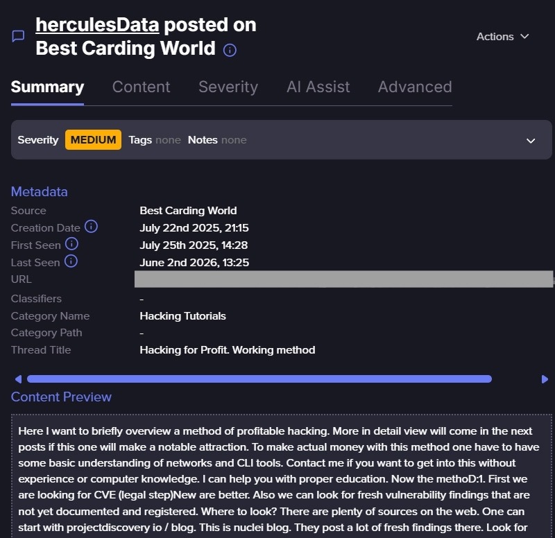 The initial post.  Screenshot taken from Flare's platform.