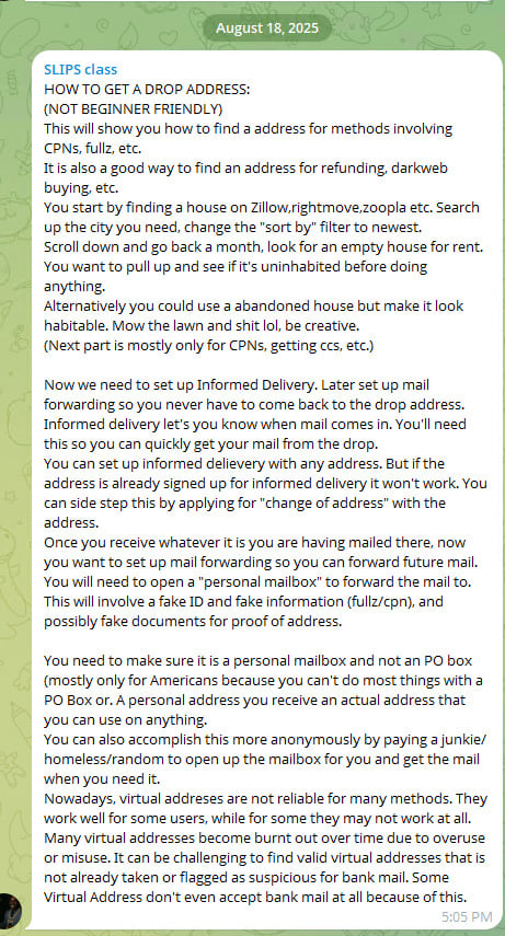 A “drop address” tutorial circulated on Telegram