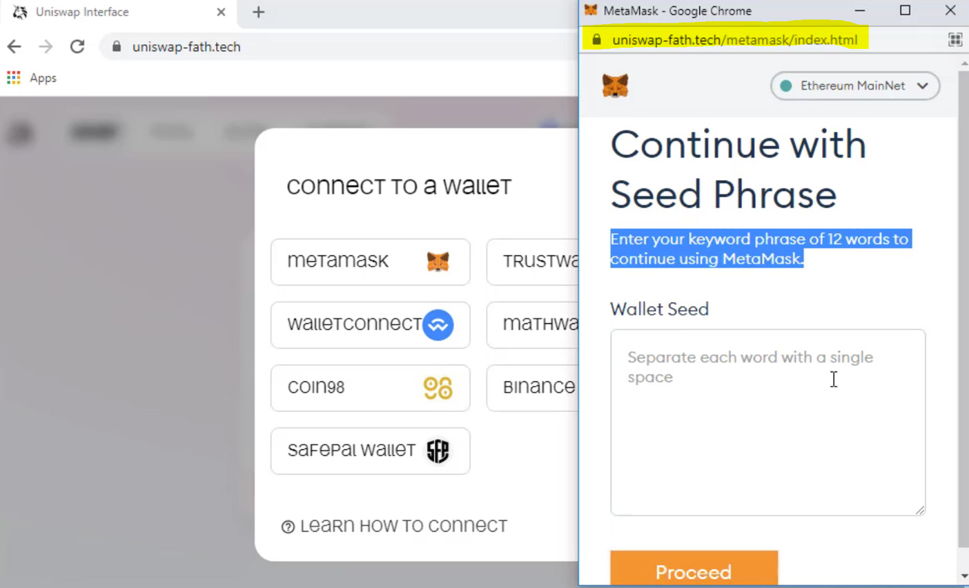 Fake Uniswap asking for wallet's recovery phrase