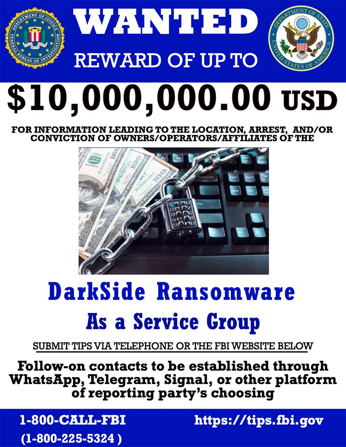 FBI's wanted posted for DarkSide Ransomware