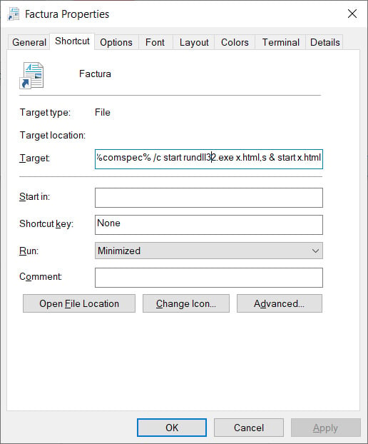 LNK file loading the DLL and decoy image from x.html