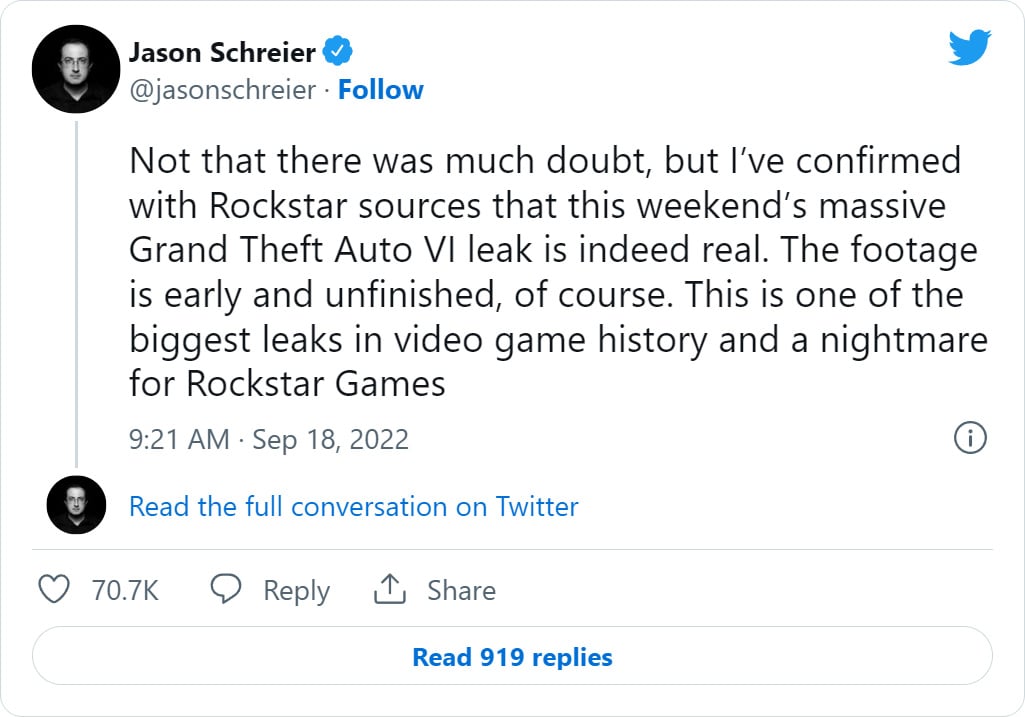 Tweet from Jason Schreier