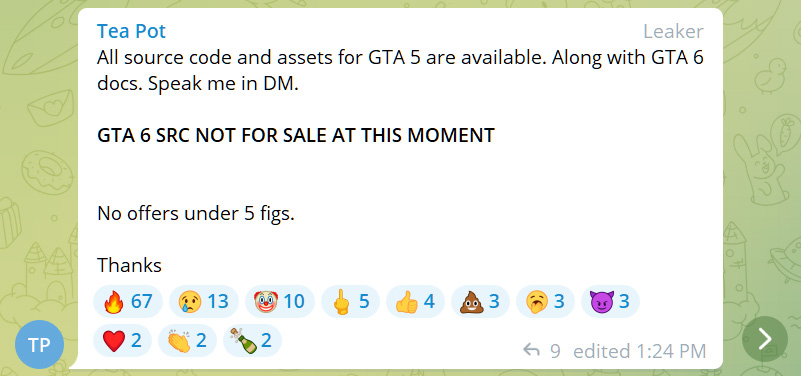 Selling GTA V source code on Telegram