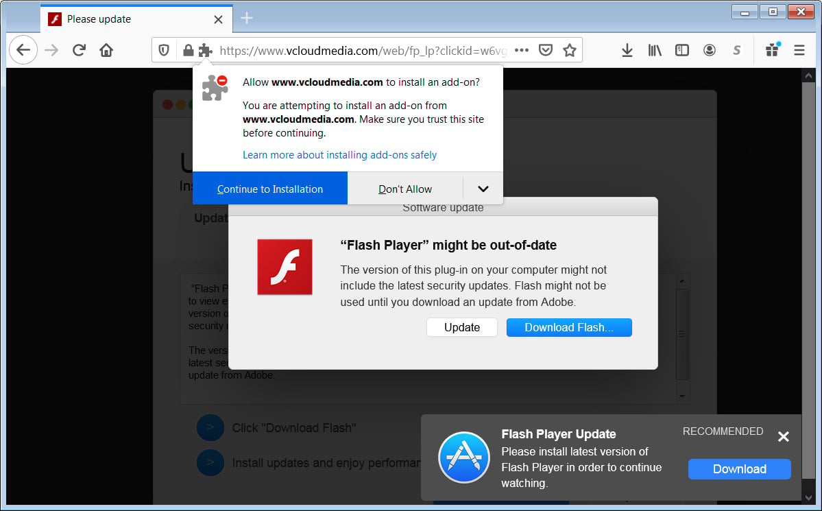 Site promoting a fake Flash Player but installs a browser extension