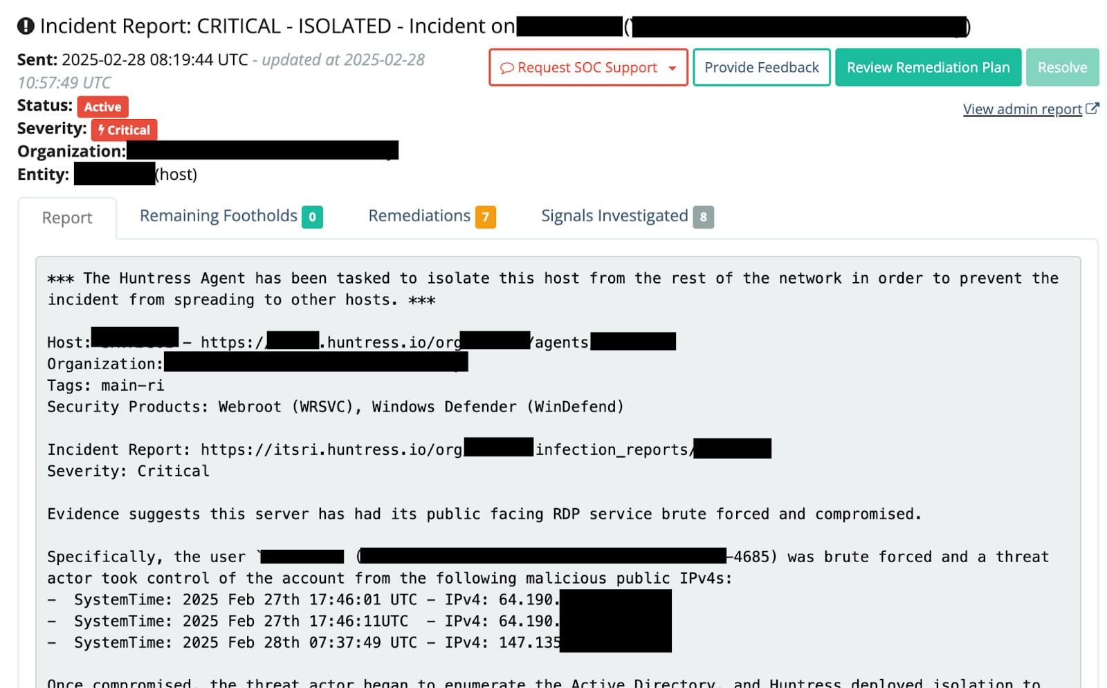 Figure 1: Initial SOC incident report showing brute forcing from multiple IP addresses
