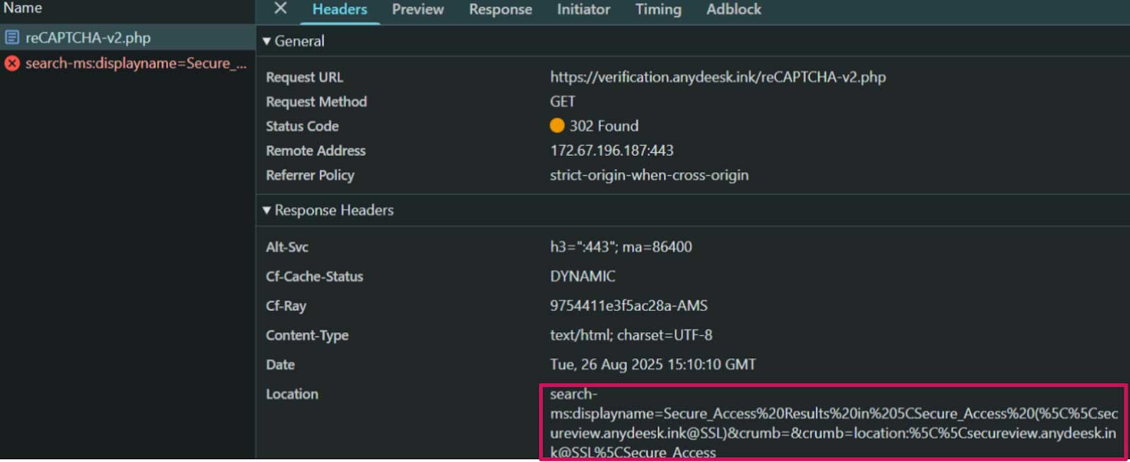 The displayname parameter for search-ms reveals the next phase of the attack
