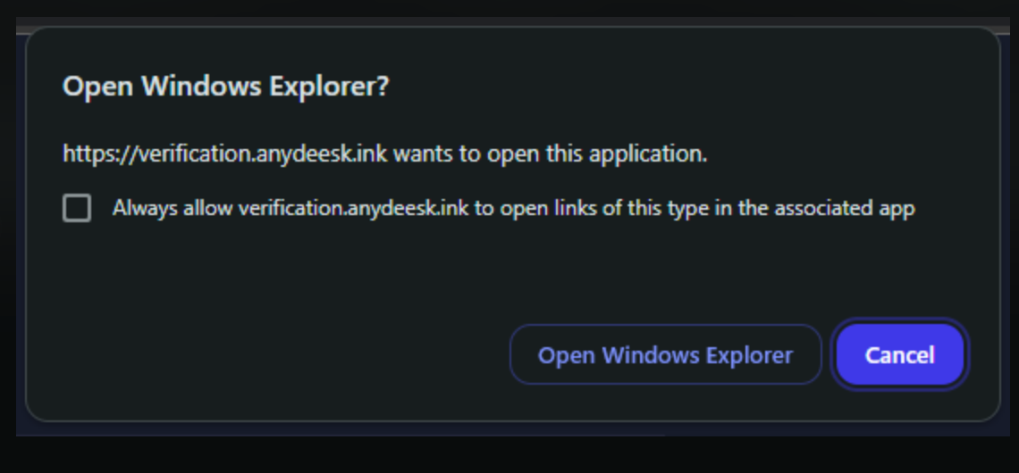 The attack chain redirects users to a prompt asking them to Open Windows File Explore
