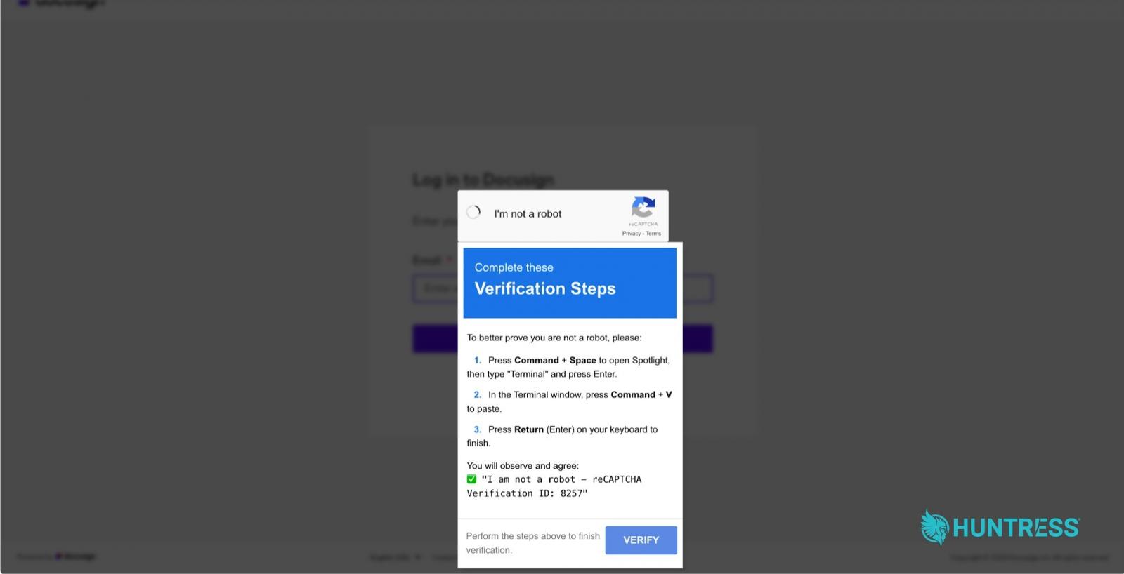 Figure 1: In a ClickFix attack, the victim follows fake verification steps that ultimately trigger malicious code on their own machine.