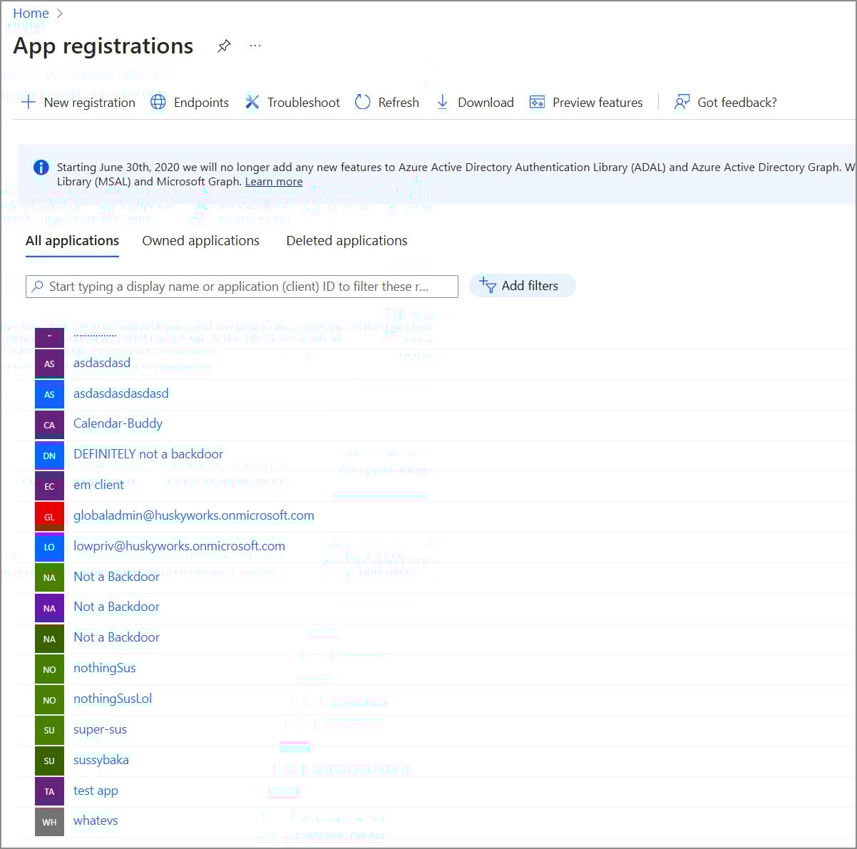 Figure 1: the current list of my testbed’s Application Registrations. With any luck, yours won’t have several apps called “not a backdoor”