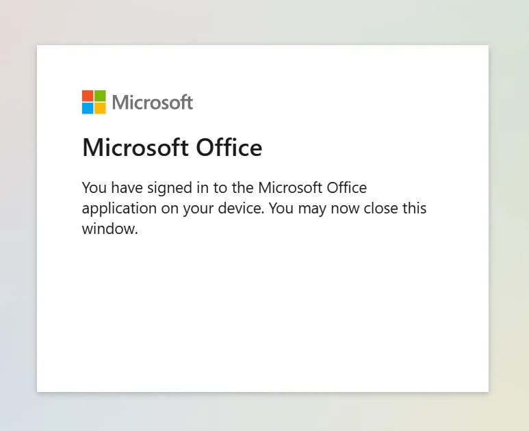 Figure 9: Confirmation screen stating user is now signed in to Microsoft Office on a device
