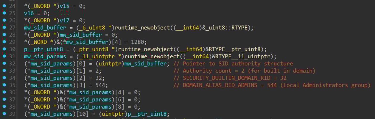 Figure 2: Snippet of main_windows_api_IsRunAsAdmin that configures Windows security constants (2, 32, 544) to create Administrators group SID for privilege checking