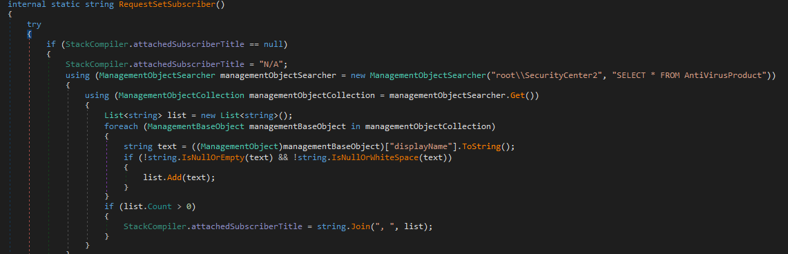 Queries WMI (root\SecurityCenter) for the displayName of all installed antivirus products