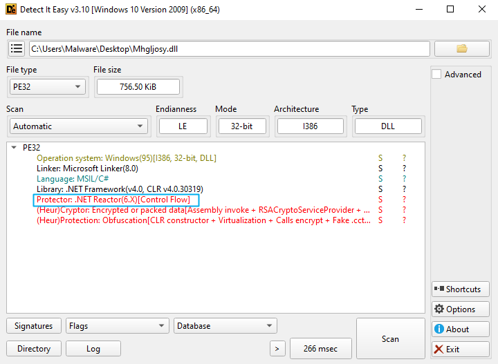 DiE showing the assembly has been obfuscated by .NET Reactor