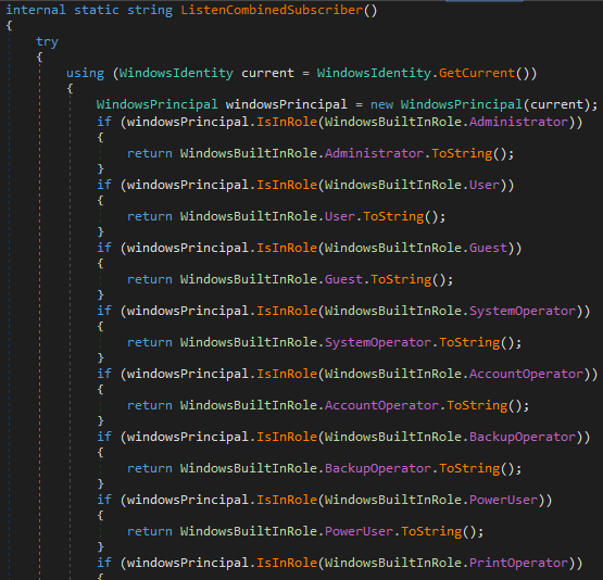 Checks the current process's Windows Identity against built-in roles (Administrator, User, Guest, etc.) to determine its privilege level
