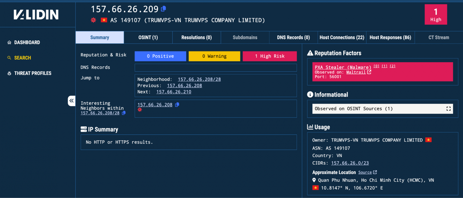 Validin page for the attackers' C2 server