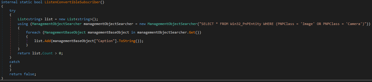 Queries WMI for PnP devices with the class Image or Camera