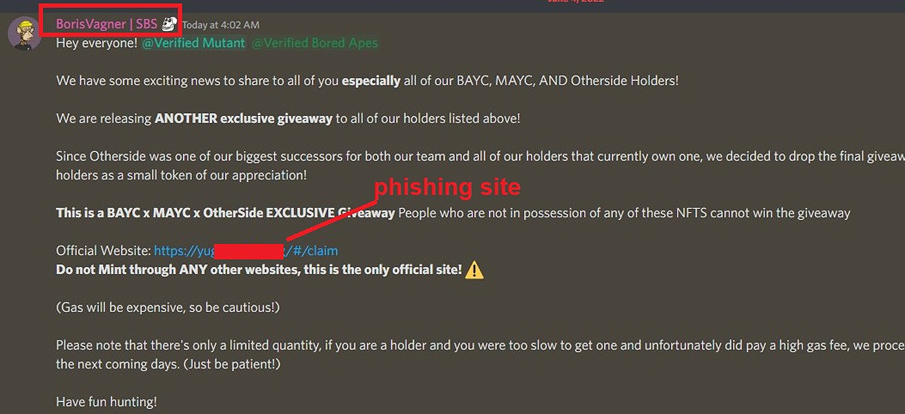 Publicación de phishing en BAYC Discord Server