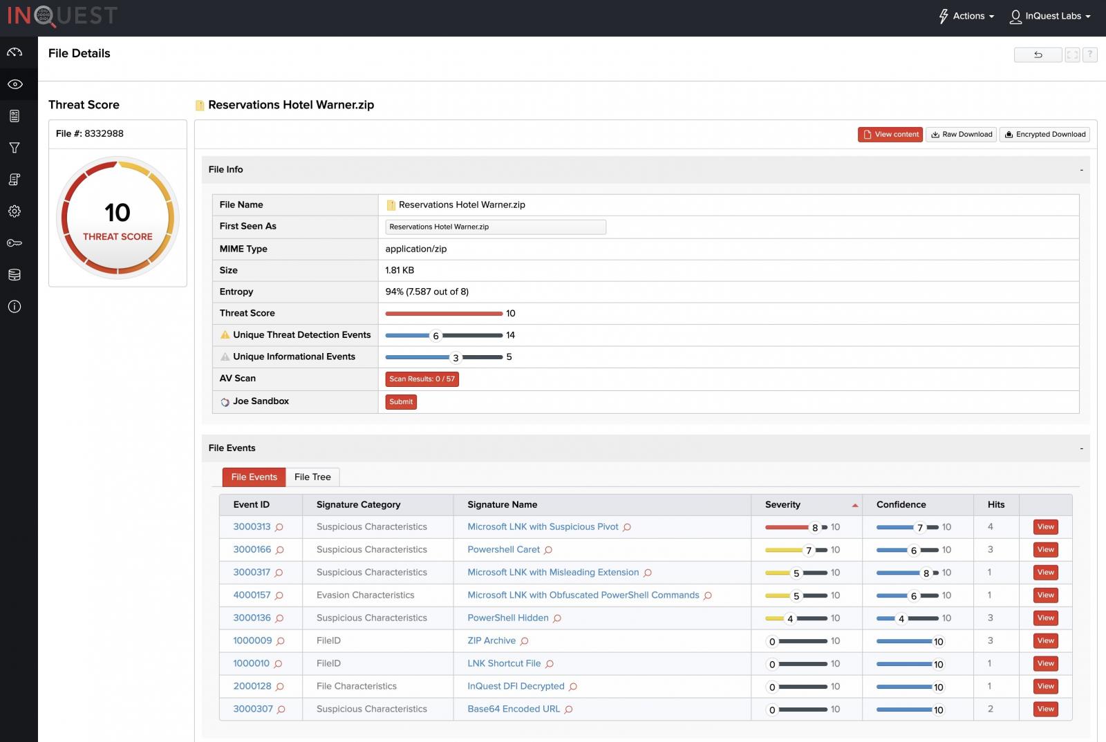 InQuest DFI analytics showing threat score