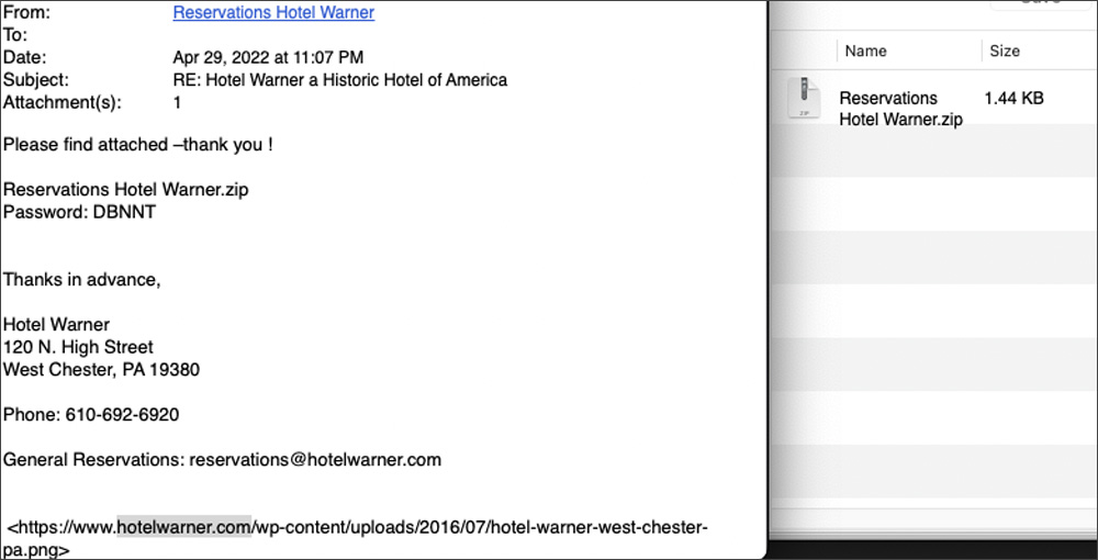 Phishing email impersonating Hotel Warner