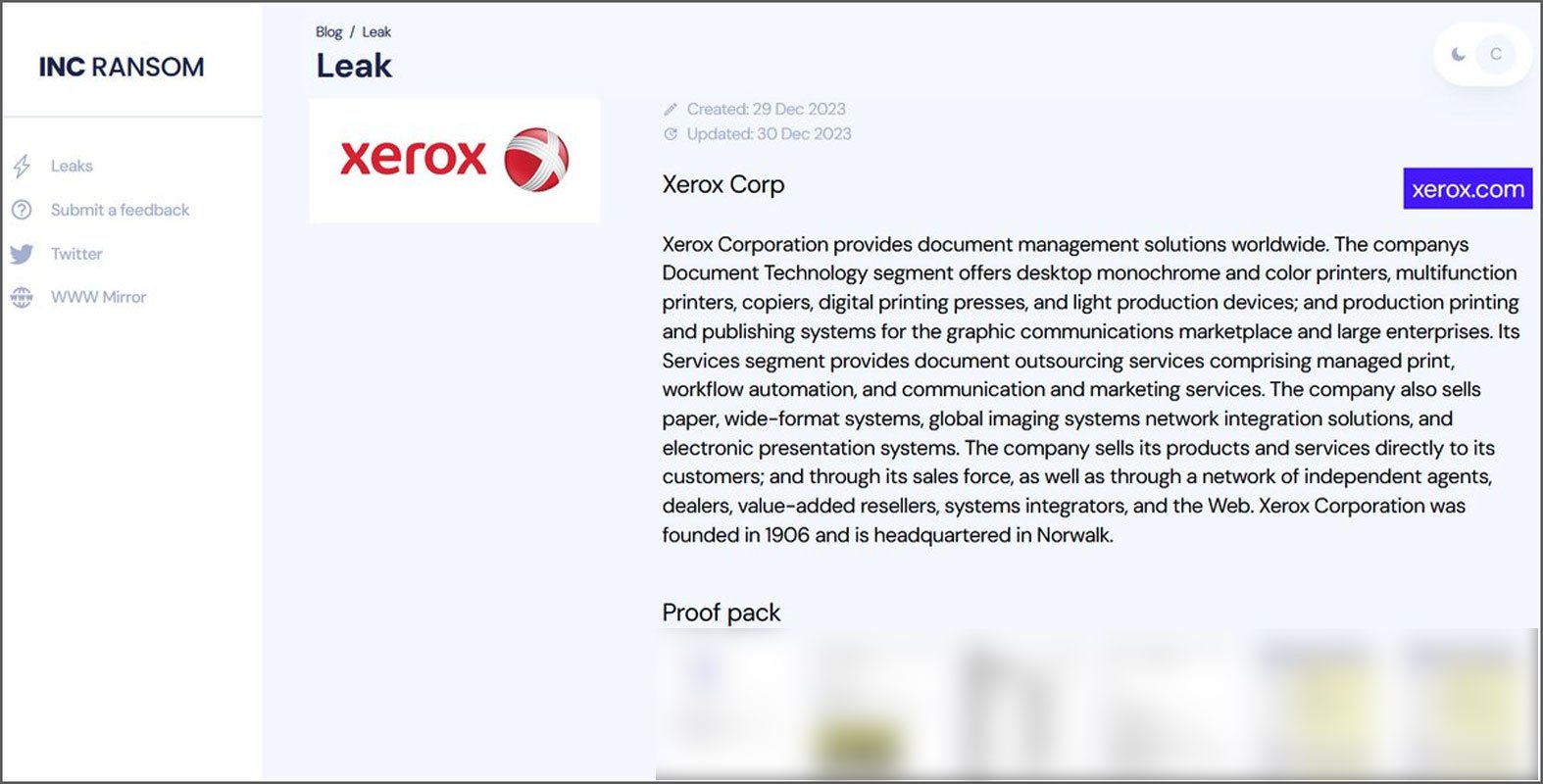 Xerox listed on the INC Ransom data leak site