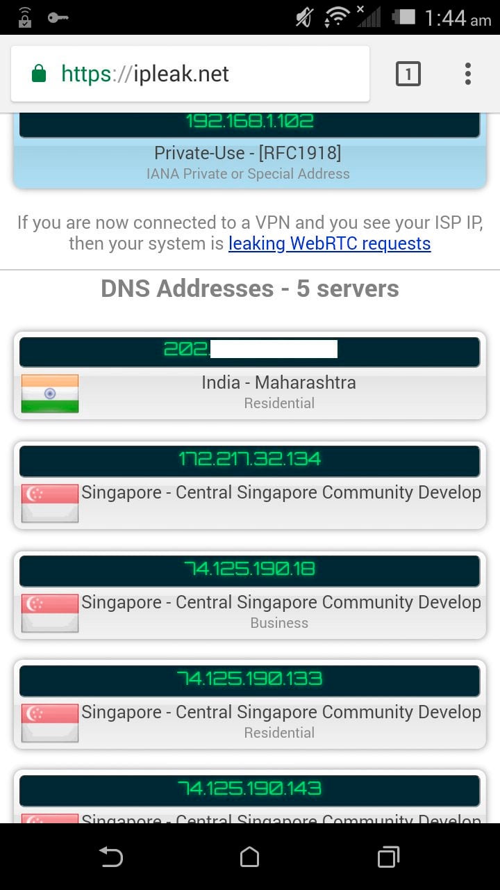 Leak test showing locally configured DNS server