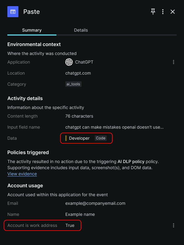 A Paste event, as shown in Keep Aware’s Console, indicates that a user pasted code in a ChatGPT account tied to their organization.