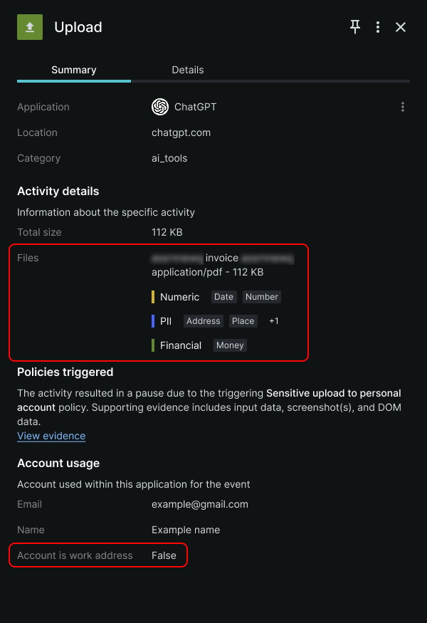 An Upload event, as shown in Keep Aware’s Console, indicates that an employee uploaded a potentially sensitive document to their personal ChatGPT account.
