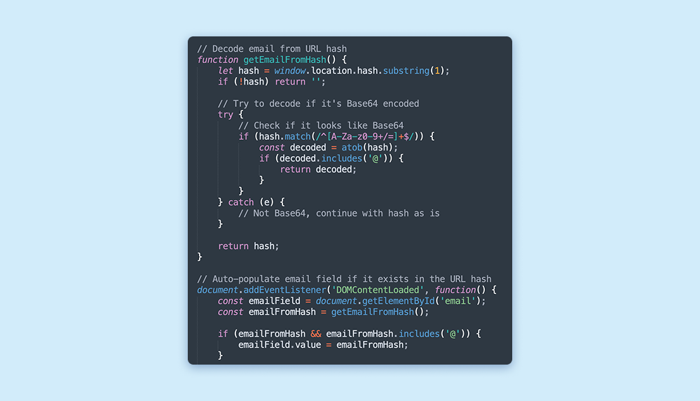 Fragmento de JavaScript que extraerá la dirección de correo electrónico del objetivo de la parte de anclaje de la URL, si está presente.