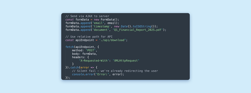 Fragmento de JavaScript que envía una solicitud POST con información de la víctima a un punto de conexión de API