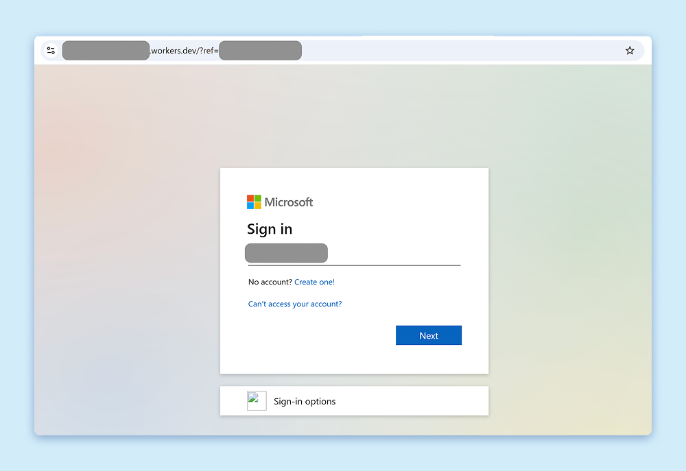 Sitio de phishing que se carga como una página de inicio de sesión básica de Microsoft cuando se ha proporcionado una dirección de correo electrónico no personal.