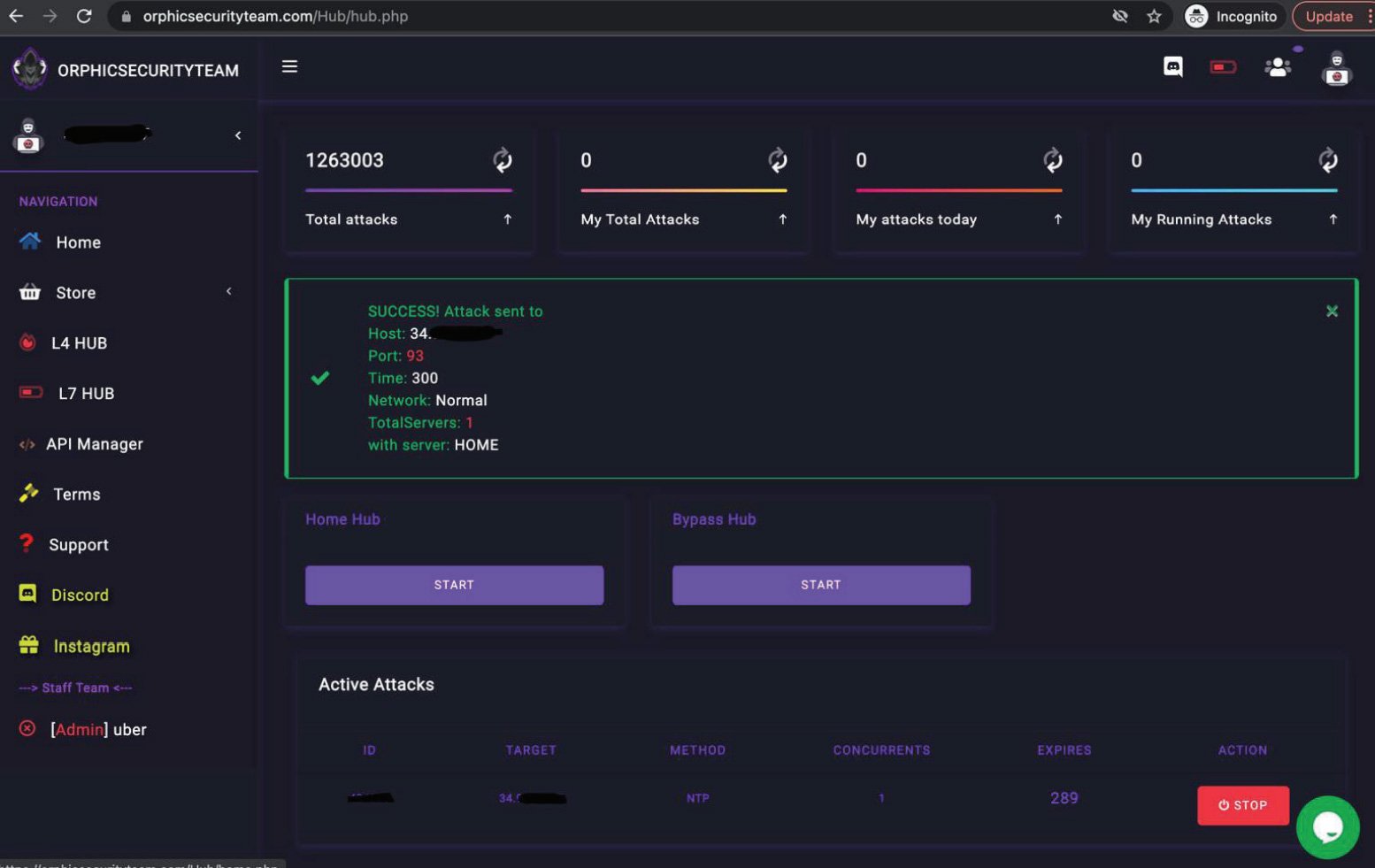 差し押さえられたドメインの 1 つからピーターソン特別捜査官が実施した DDoS テスト