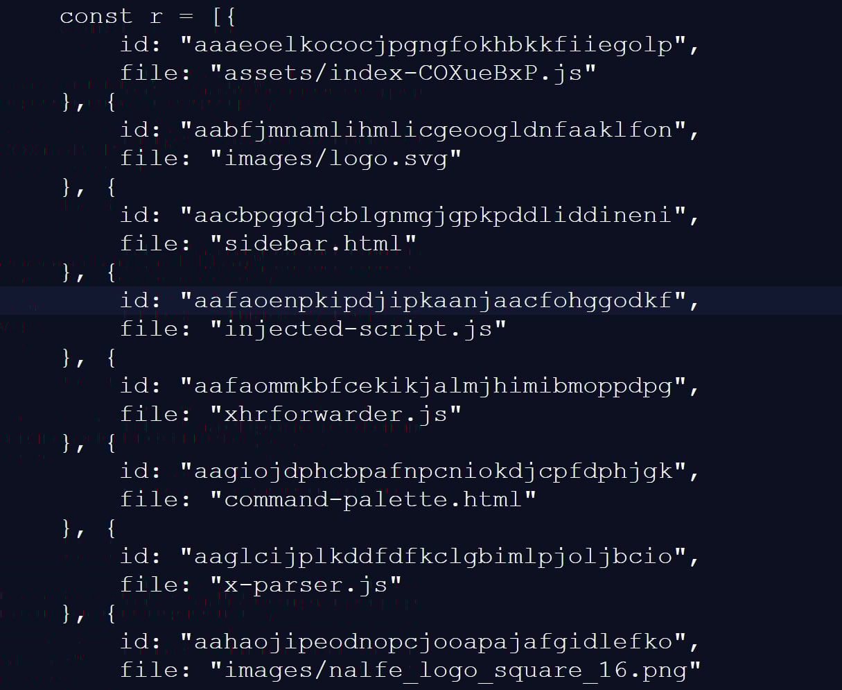 Snippet of the list of extensions scanned for by LinkedIn's script