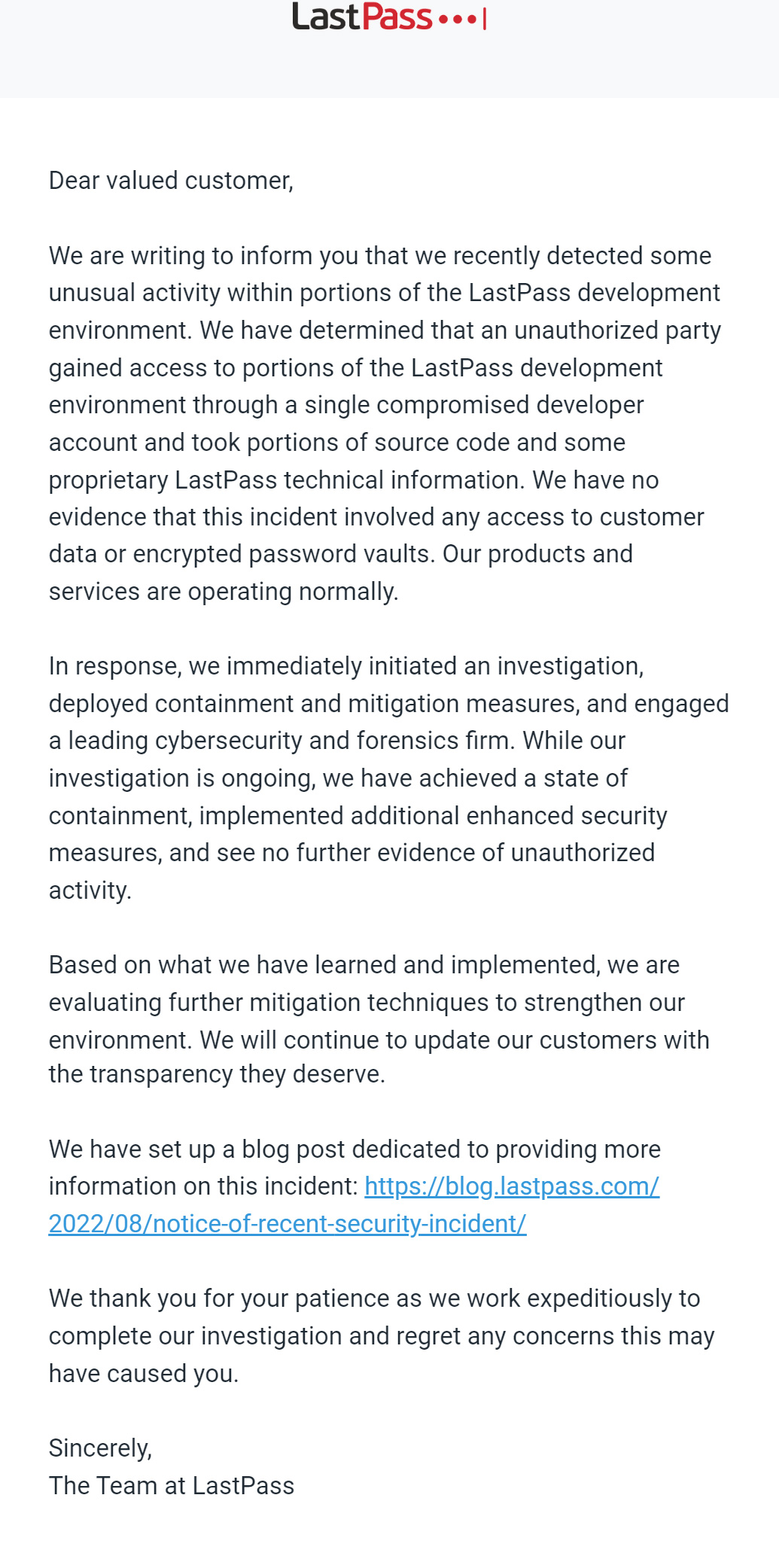 LastPass security advisory emailed to customers