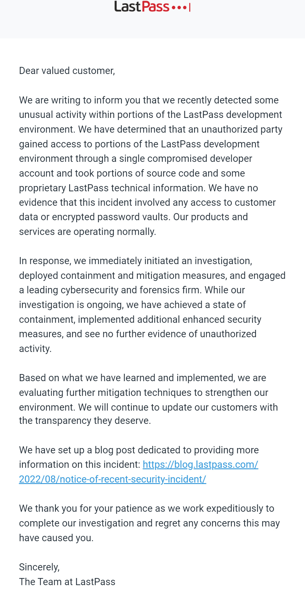 LastPass Security Email Advisory-klanten