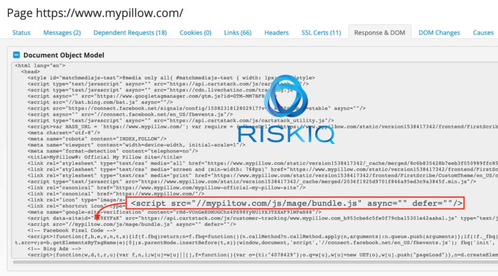 mypiltow.com script injected into mypillow.com