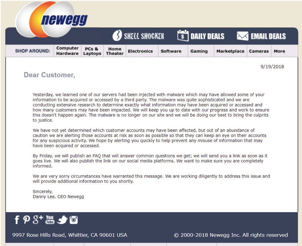 Email sent by Newegg